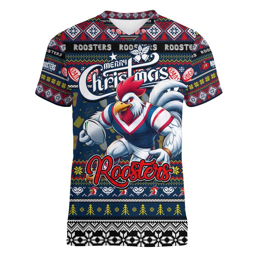 Personalized Roosters Rugby Xmas Women V-Neck T-Shirt Australia NRL Mascot