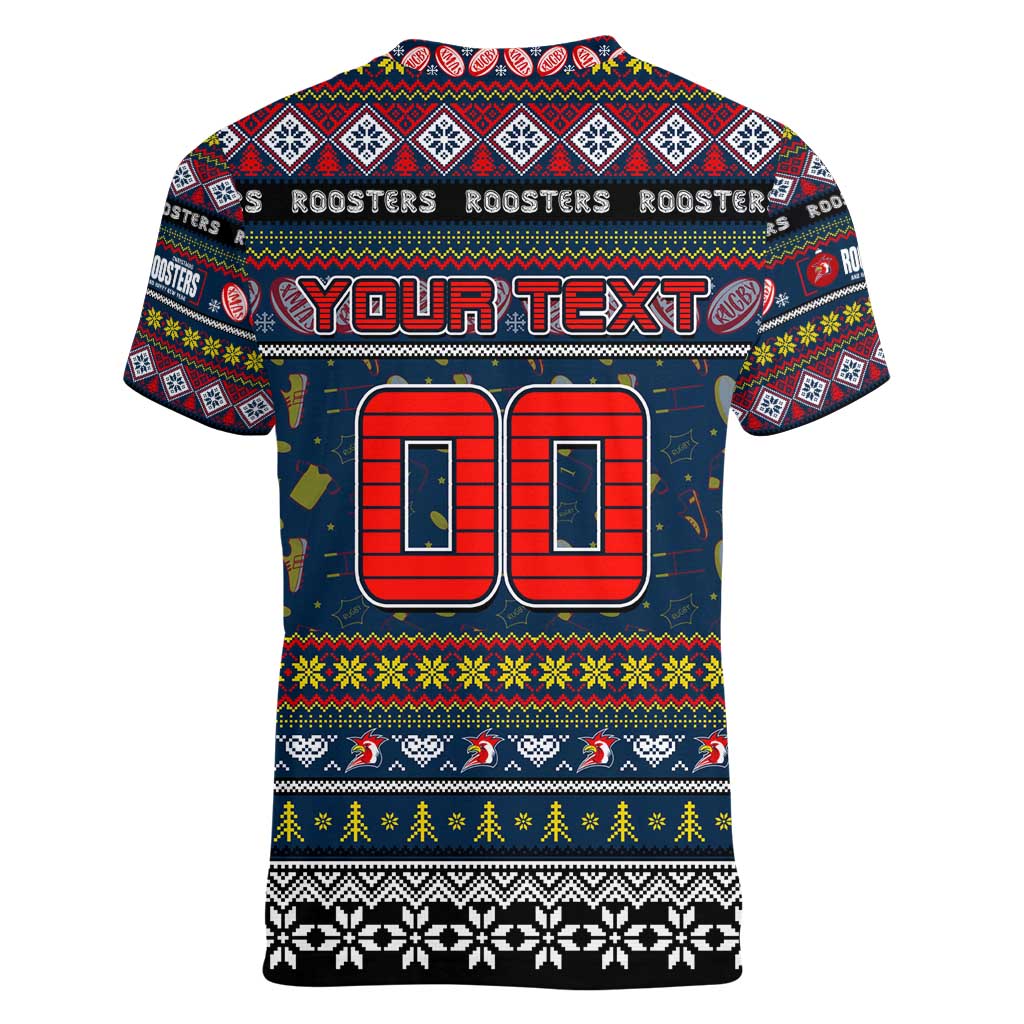 Personalized Roosters Rugby Xmas Women V-Neck T-Shirt Australia NRL Mascot