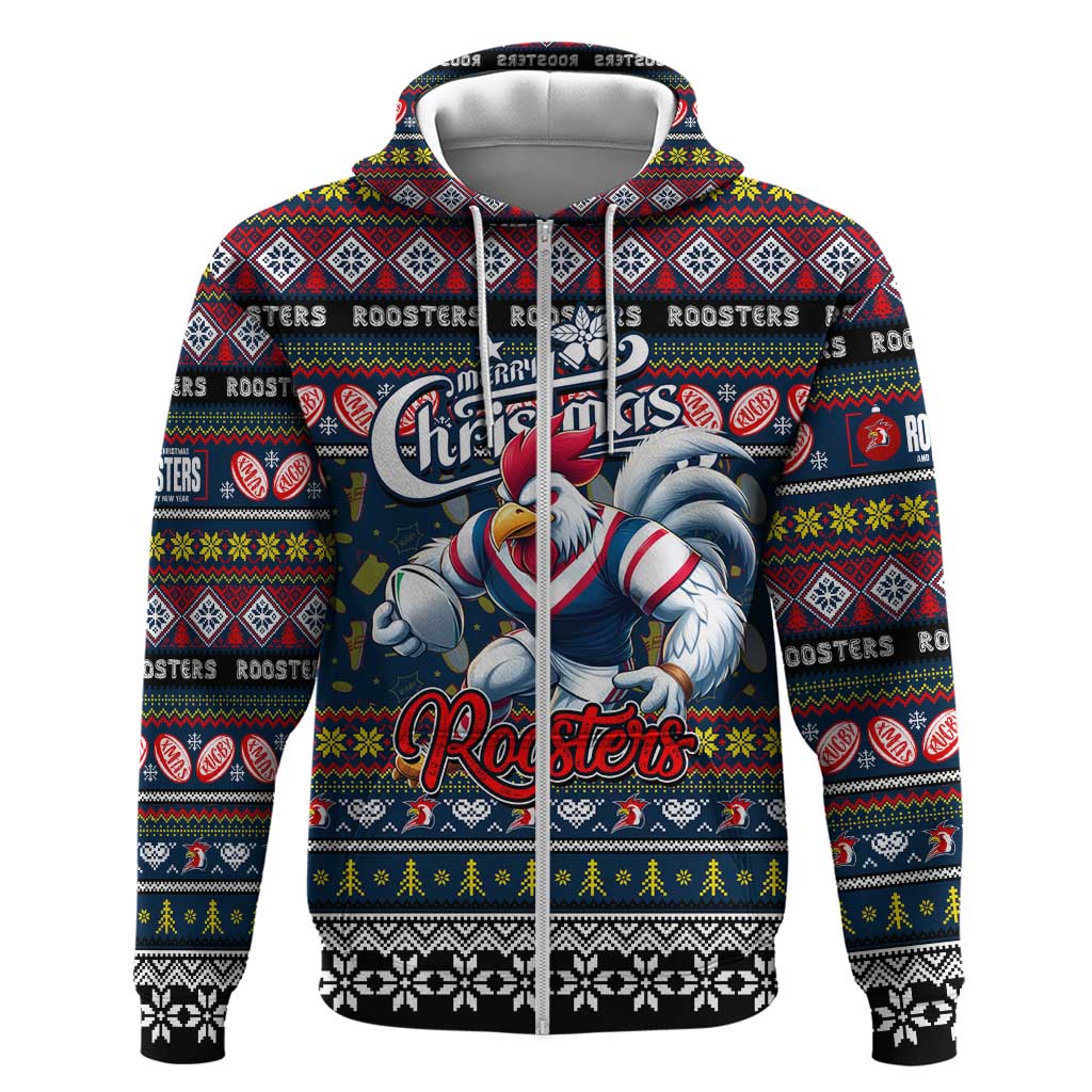 Personalized Roosters Rugby Xmas Zip Hoodie Australia NRL Mascot