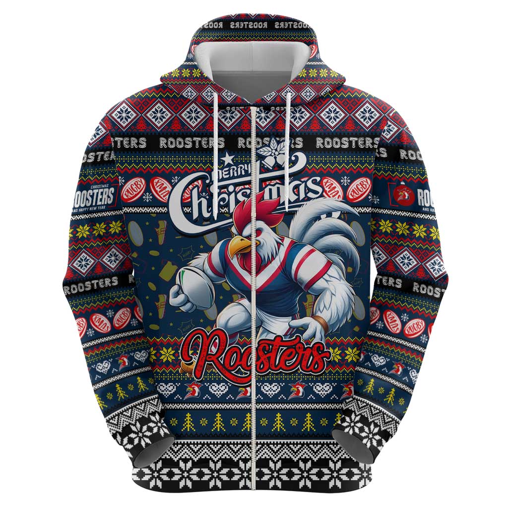 Personalized Roosters Rugby Xmas Zip Hoodie Australia NRL Mascot