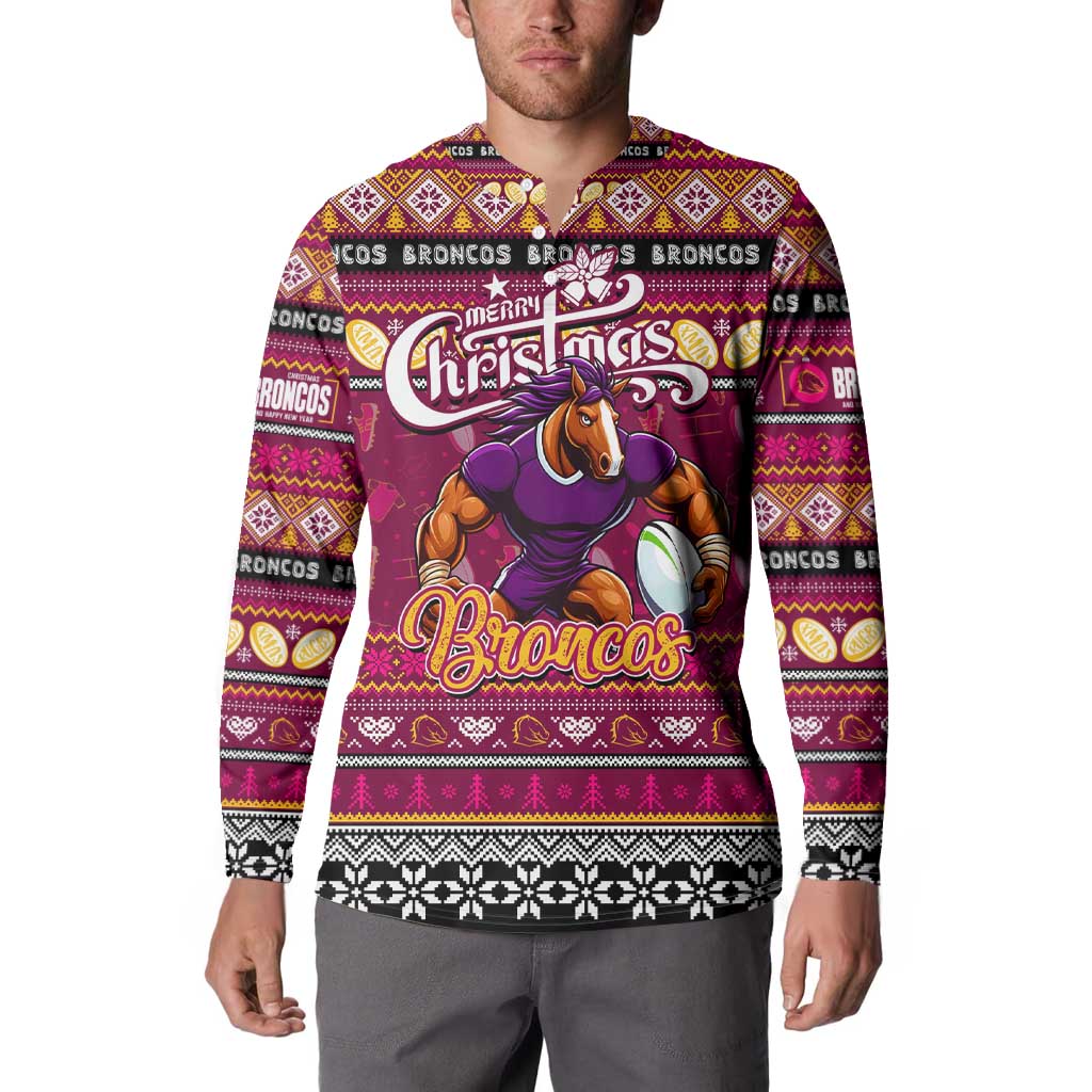 Personalized Broncos Rugby Xmas Button Sweatshirt Australia NRL Mascot