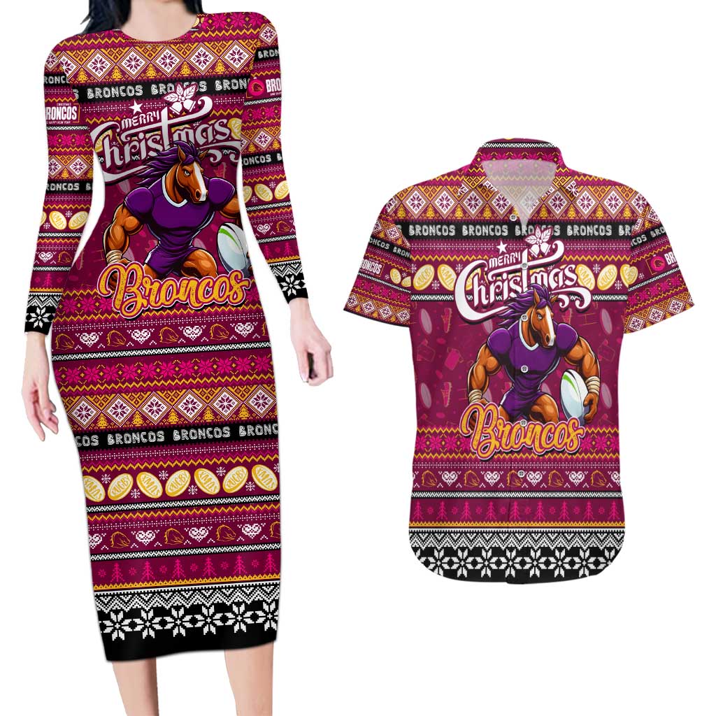 Personalized Broncos Rugby Xmas Couples Matching Long Sleeve Bodycon Dress and Hawaiian Shirt Australia NRL Mascot