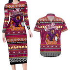 Personalized Broncos Rugby Xmas Couples Matching Long Sleeve Bodycon Dress and Hawaiian Shirt Australia NRL Mascot