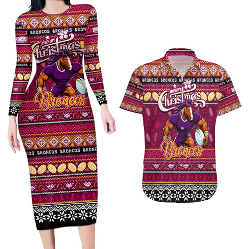 Personalized Broncos Rugby Xmas Couples Matching Long Sleeve Bodycon Dress and Hawaiian Shirt Australia NRL Mascot