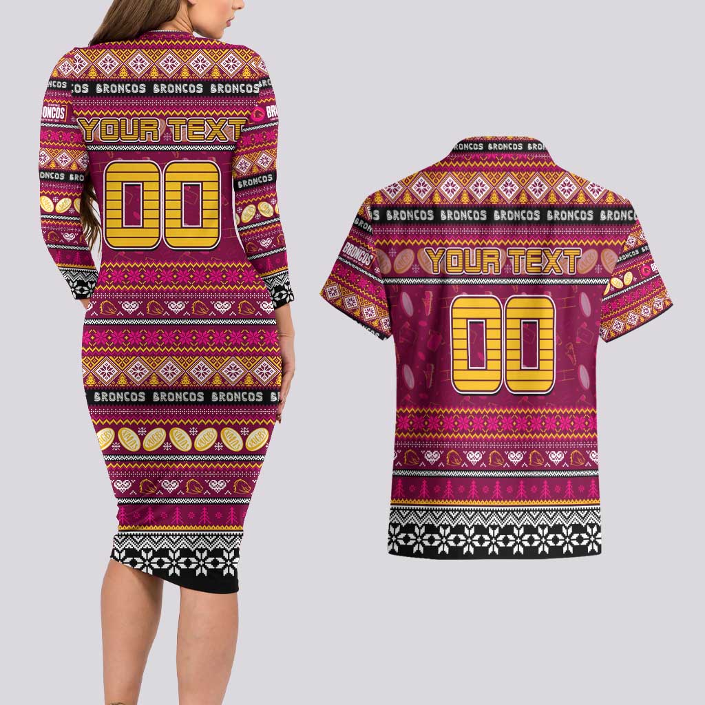 Personalized Broncos Rugby Xmas Couples Matching Long Sleeve Bodycon Dress and Hawaiian Shirt Australia NRL Mascot
