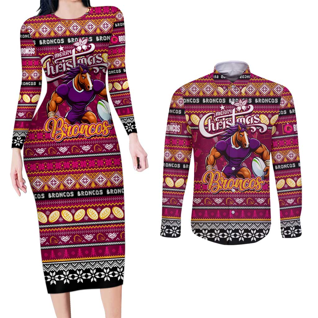 Personalized Broncos Rugby Xmas Couples Matching Long Sleeve Bodycon Dress and Long Sleeve Button Shirt Australia NRL Mascot