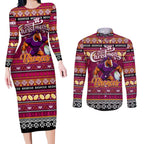 Personalized Broncos Rugby Xmas Couples Matching Long Sleeve Bodycon Dress and Long Sleeve Button Shirt Australia NRL Mascot
