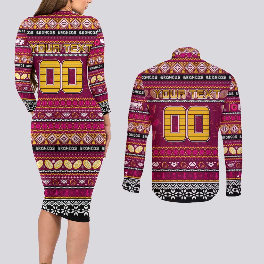 Personalized Broncos Rugby Xmas Couples Matching Long Sleeve Bodycon Dress and Long Sleeve Button Shirt Australia NRL Mascot