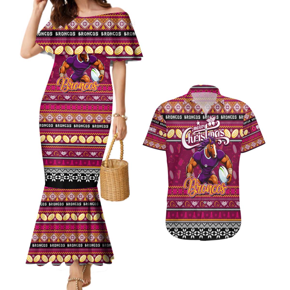 Personalized Broncos Rugby Xmas Couples Matching Mermaid Dress and Hawaiian Shirt Australia NRL Mascot