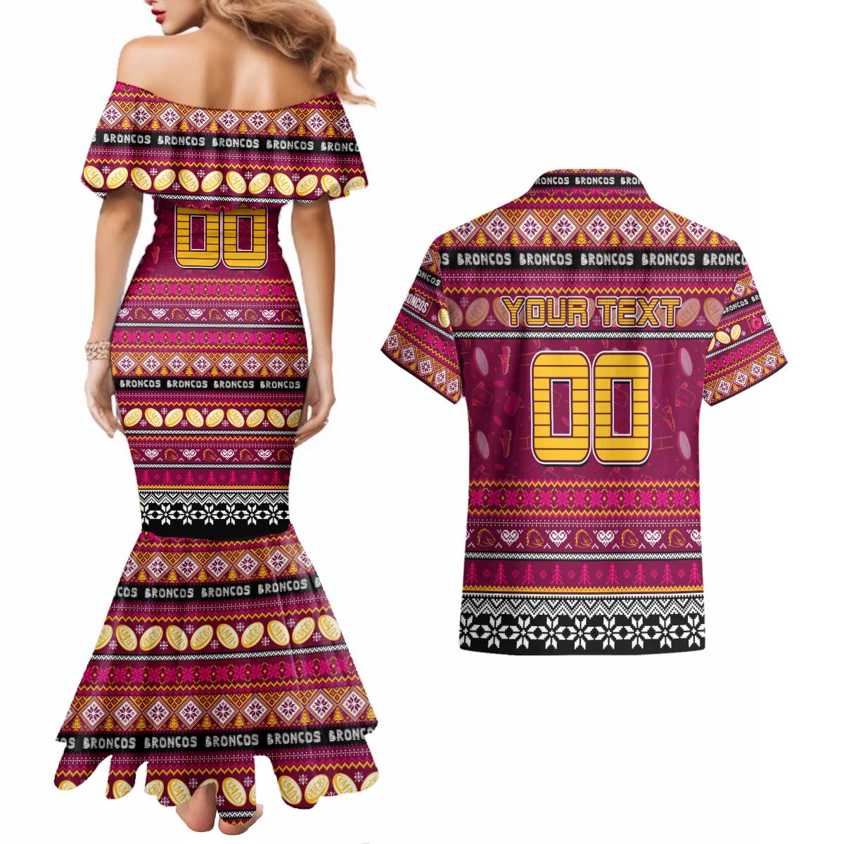 Personalized Broncos Rugby Xmas Couples Matching Mermaid Dress and Hawaiian Shirt Australia NRL Mascot