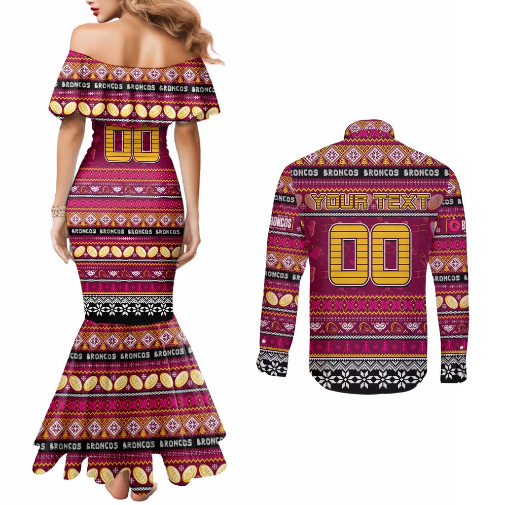 Personalized Broncos Rugby Xmas Couples Matching Mermaid Dress and Long Sleeve Button Shirt Australia NRL Mascot