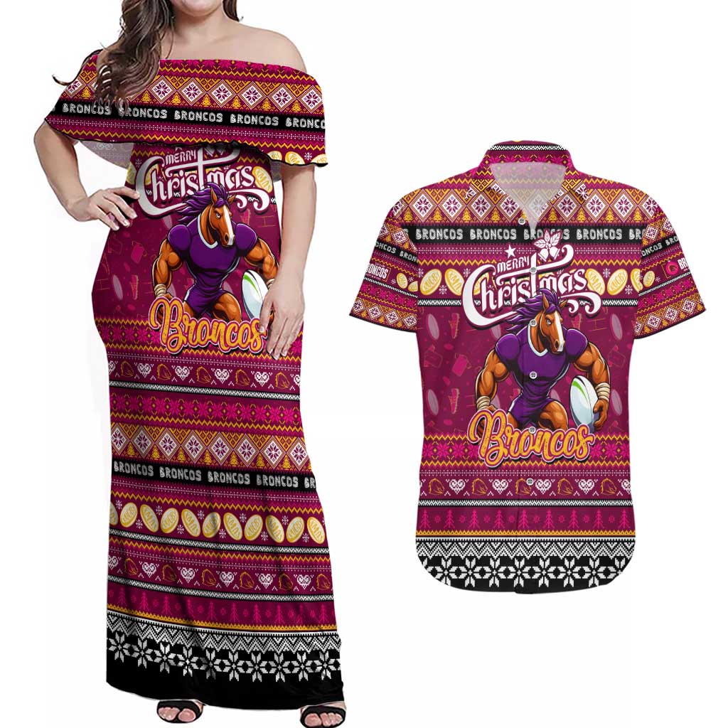 Personalized Broncos Rugby Xmas Couples Matching Off Shoulder Maxi Dress and Hawaiian Shirt Australia NRL Mascot
