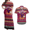 Personalized Broncos Rugby Xmas Couples Matching Off Shoulder Maxi Dress and Hawaiian Shirt Australia NRL Mascot