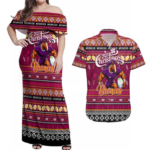 Personalized Broncos Rugby Xmas Couples Matching Off Shoulder Maxi Dress and Hawaiian Shirt Australia NRL Mascot