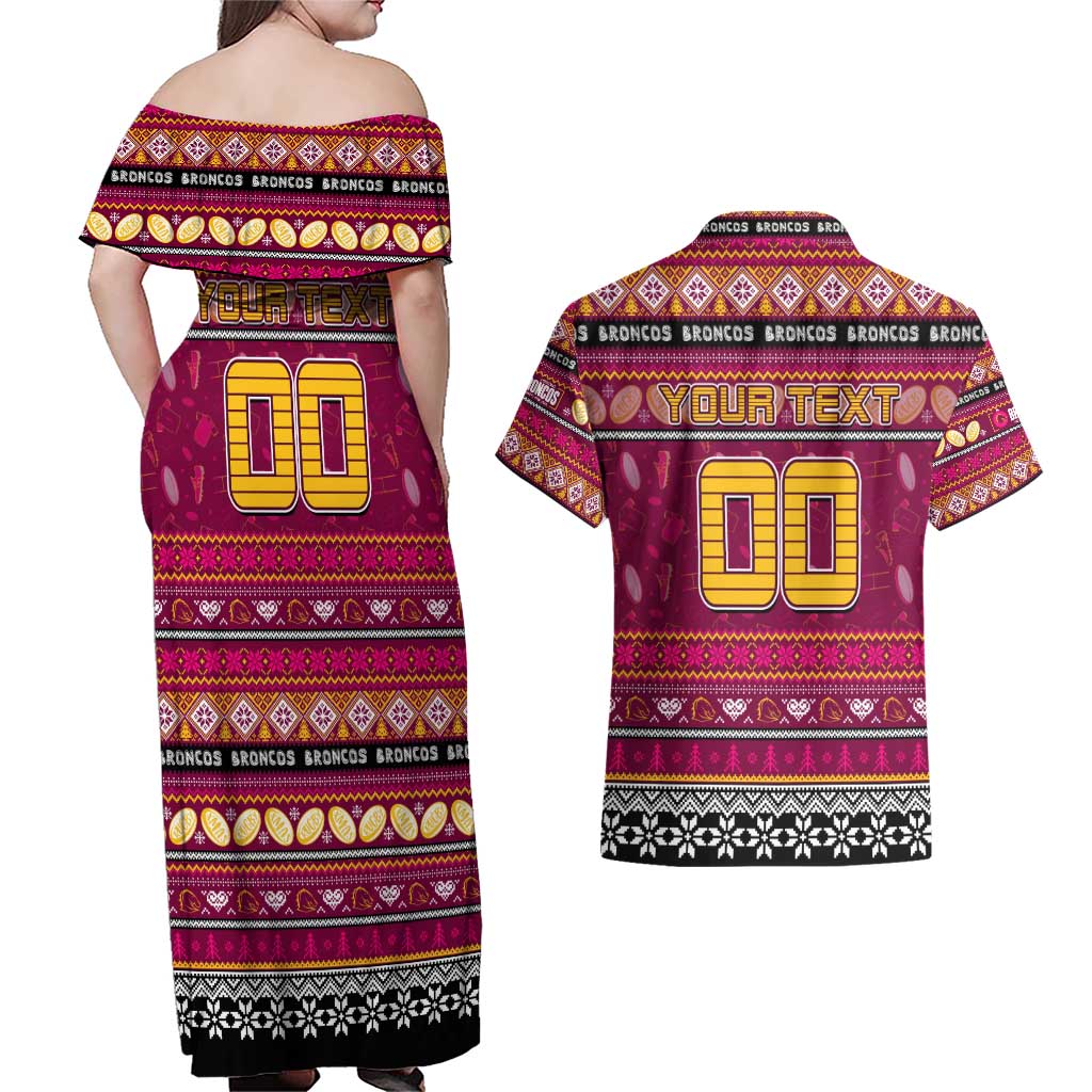 Personalized Broncos Rugby Xmas Couples Matching Off Shoulder Maxi Dress and Hawaiian Shirt Australia NRL Mascot