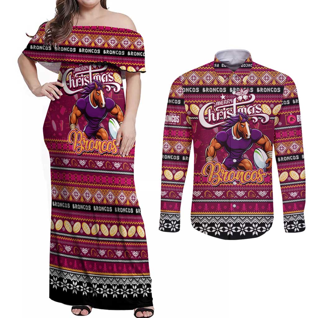 Personalized Broncos Rugby Xmas Couples Matching Off Shoulder Maxi Dress and Long Sleeve Button Shirt Australia NRL Mascot