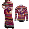 Personalized Broncos Rugby Xmas Couples Matching Off Shoulder Maxi Dress and Long Sleeve Button Shirt Australia NRL Mascot