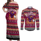 Personalized Broncos Rugby Xmas Couples Matching Off Shoulder Maxi Dress and Long Sleeve Button Shirt Australia NRL Mascot