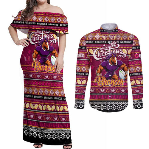 Personalized Broncos Rugby Xmas Couples Matching Off Shoulder Maxi Dress and Long Sleeve Button Shirt Australia NRL Mascot