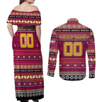 Personalized Broncos Rugby Xmas Couples Matching Off Shoulder Maxi Dress and Long Sleeve Button Shirt Australia NRL Mascot