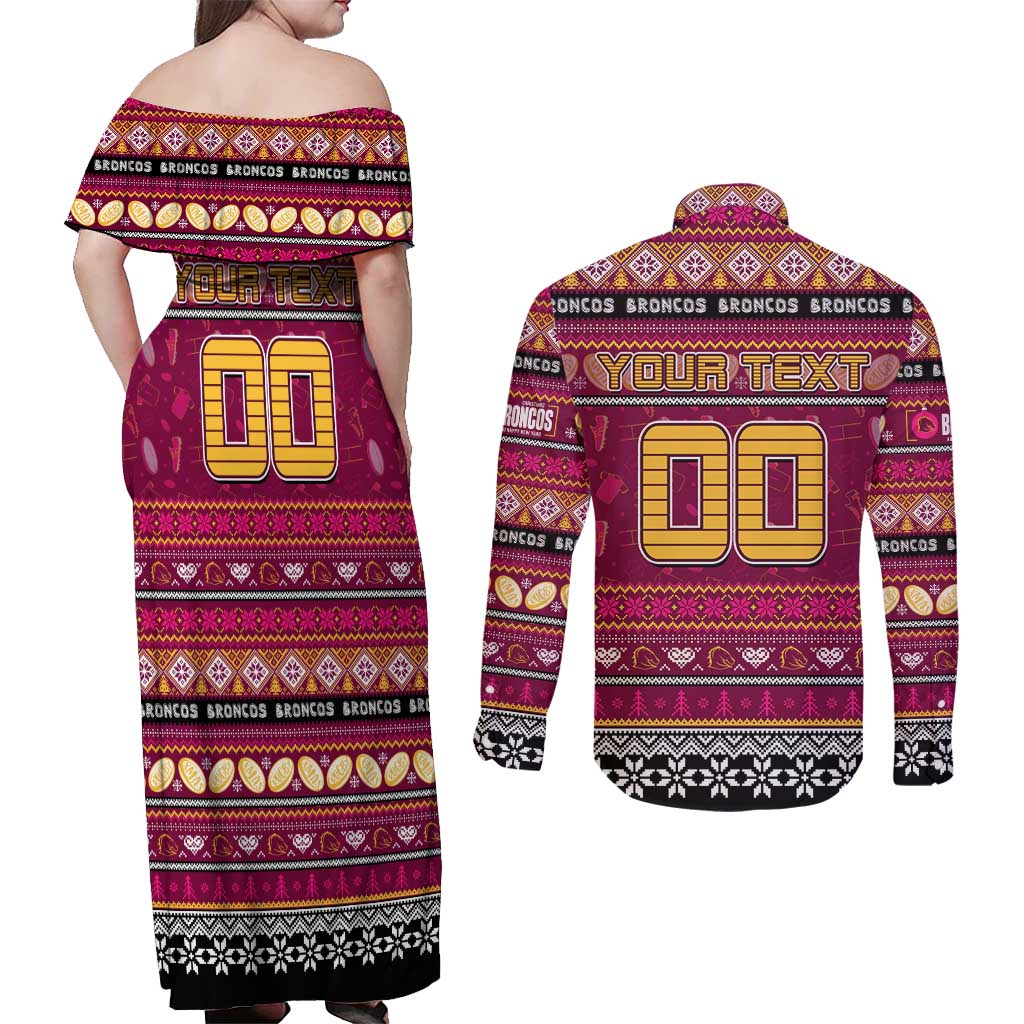 Personalized Broncos Rugby Xmas Couples Matching Off Shoulder Maxi Dress and Long Sleeve Button Shirt Australia NRL Mascot