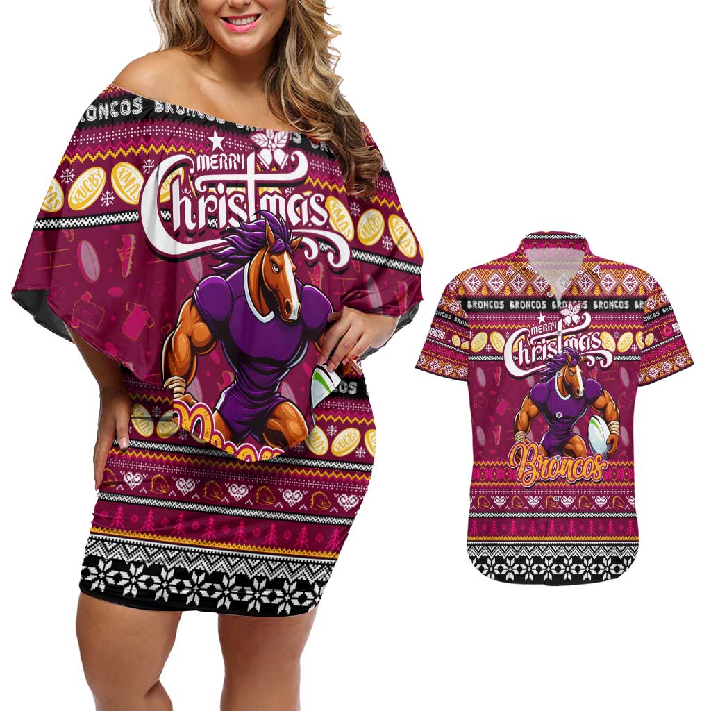 Personalized Broncos Rugby Xmas Couples Matching Off Shoulder Short Dress and Hawaiian Shirt Australia NRL Mascot