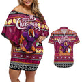 Personalized Broncos Rugby Xmas Couples Matching Off Shoulder Short Dress and Hawaiian Shirt Australia NRL Mascot