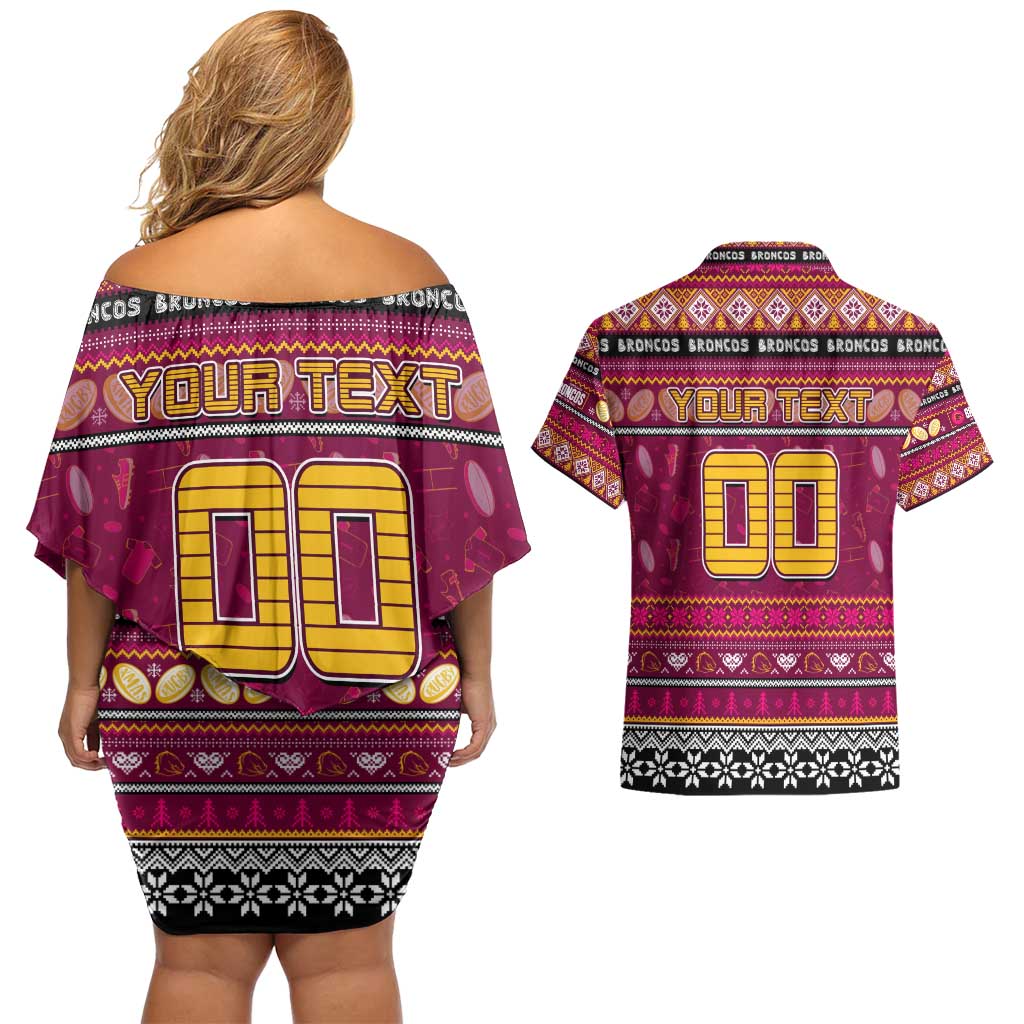 Personalized Broncos Rugby Xmas Couples Matching Off Shoulder Short Dress and Hawaiian Shirt Australia NRL Mascot