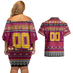 Personalized Broncos Rugby Xmas Couples Matching Off Shoulder Short Dress and Hawaiian Shirt Australia NRL Mascot