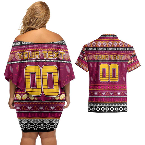 Personalized Broncos Rugby Xmas Couples Matching Off Shoulder Short Dress and Hawaiian Shirt Australia NRL Mascot