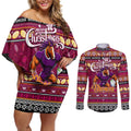 Personalized Broncos Rugby Xmas Couples Matching Off Shoulder Short Dress and Long Sleeve Button Shirt Australia NRL Mascot