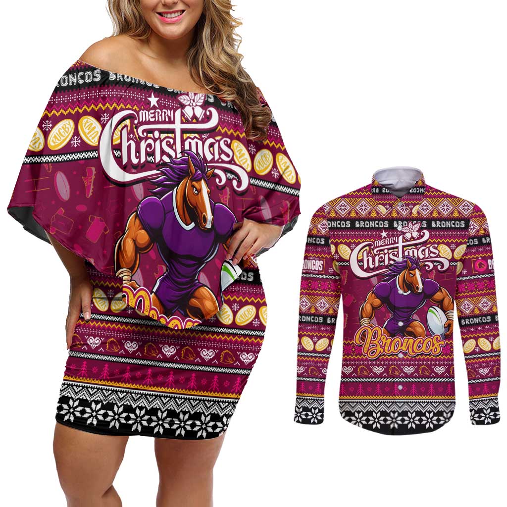 Personalized Broncos Rugby Xmas Couples Matching Off Shoulder Short Dress and Long Sleeve Button Shirt Australia NRL Mascot