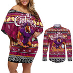 Personalized Broncos Rugby Xmas Couples Matching Off Shoulder Short Dress and Long Sleeve Button Shirt Australia NRL Mascot