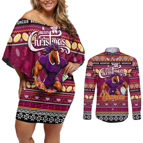Personalized Broncos Rugby Xmas Couples Matching Off Shoulder Short Dress and Long Sleeve Button Shirt Australia NRL Mascot