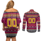 Personalized Broncos Rugby Xmas Couples Matching Off Shoulder Short Dress and Long Sleeve Button Shirt Australia NRL Mascot