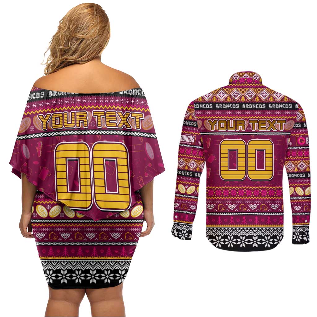 Personalized Broncos Rugby Xmas Couples Matching Off Shoulder Short Dress and Long Sleeve Button Shirt Australia NRL Mascot