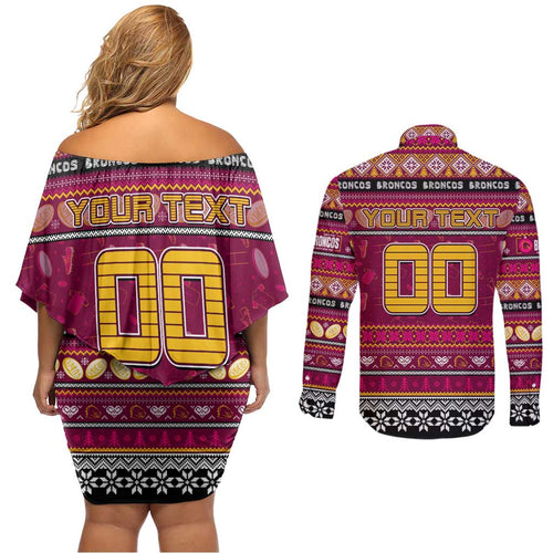 Personalized Broncos Rugby Xmas Couples Matching Off Shoulder Short Dress and Long Sleeve Button Shirt Australia NRL Mascot