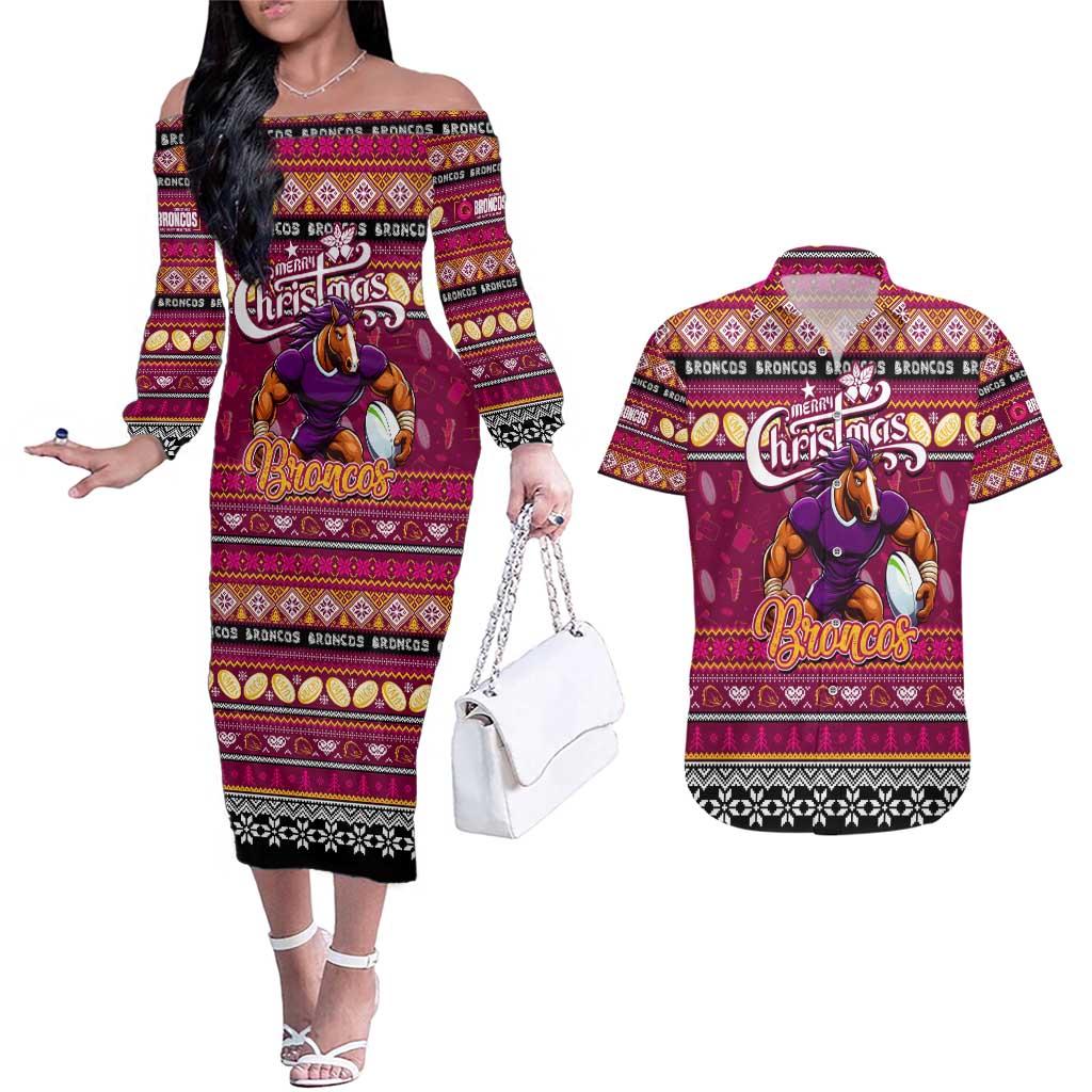 Personalized Broncos Rugby Xmas Couples Matching Off The Shoulder Long Sleeve Dress and Hawaiian Shirt Australia NRL Mascot