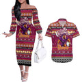 Personalized Broncos Rugby Xmas Couples Matching Off The Shoulder Long Sleeve Dress and Hawaiian Shirt Australia NRL Mascot