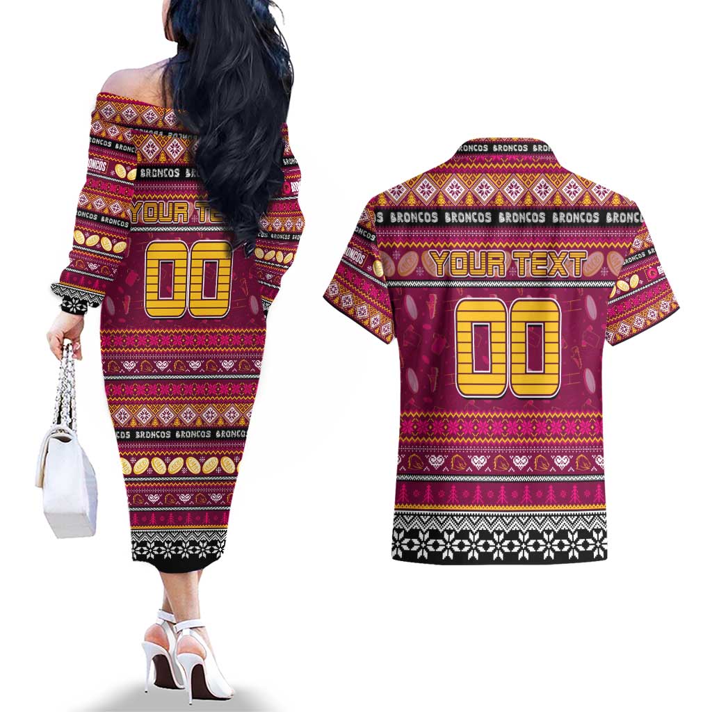 Personalized Broncos Rugby Xmas Couples Matching Off The Shoulder Long Sleeve Dress and Hawaiian Shirt Australia NRL Mascot