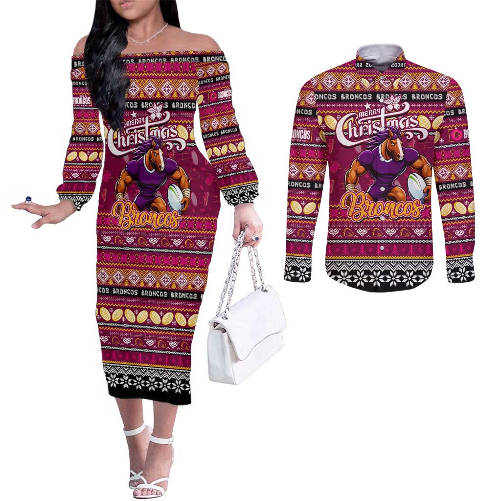 Personalized Broncos Rugby Xmas Couples Matching Off The Shoulder Long Sleeve Dress and Long Sleeve Button Shirt Australia NRL Mascot