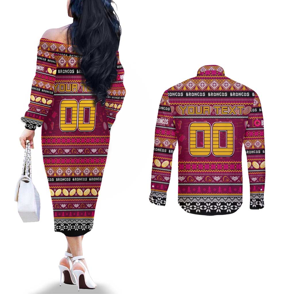 Personalized Broncos Rugby Xmas Couples Matching Off The Shoulder Long Sleeve Dress and Long Sleeve Button Shirt Australia NRL Mascot