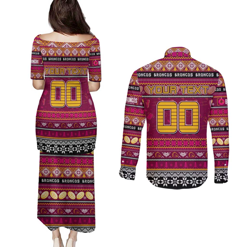 Personalized Broncos Rugby Xmas Couples Matching Puletasi and Long Sleeve Button Shirt Australia NRL Mascot