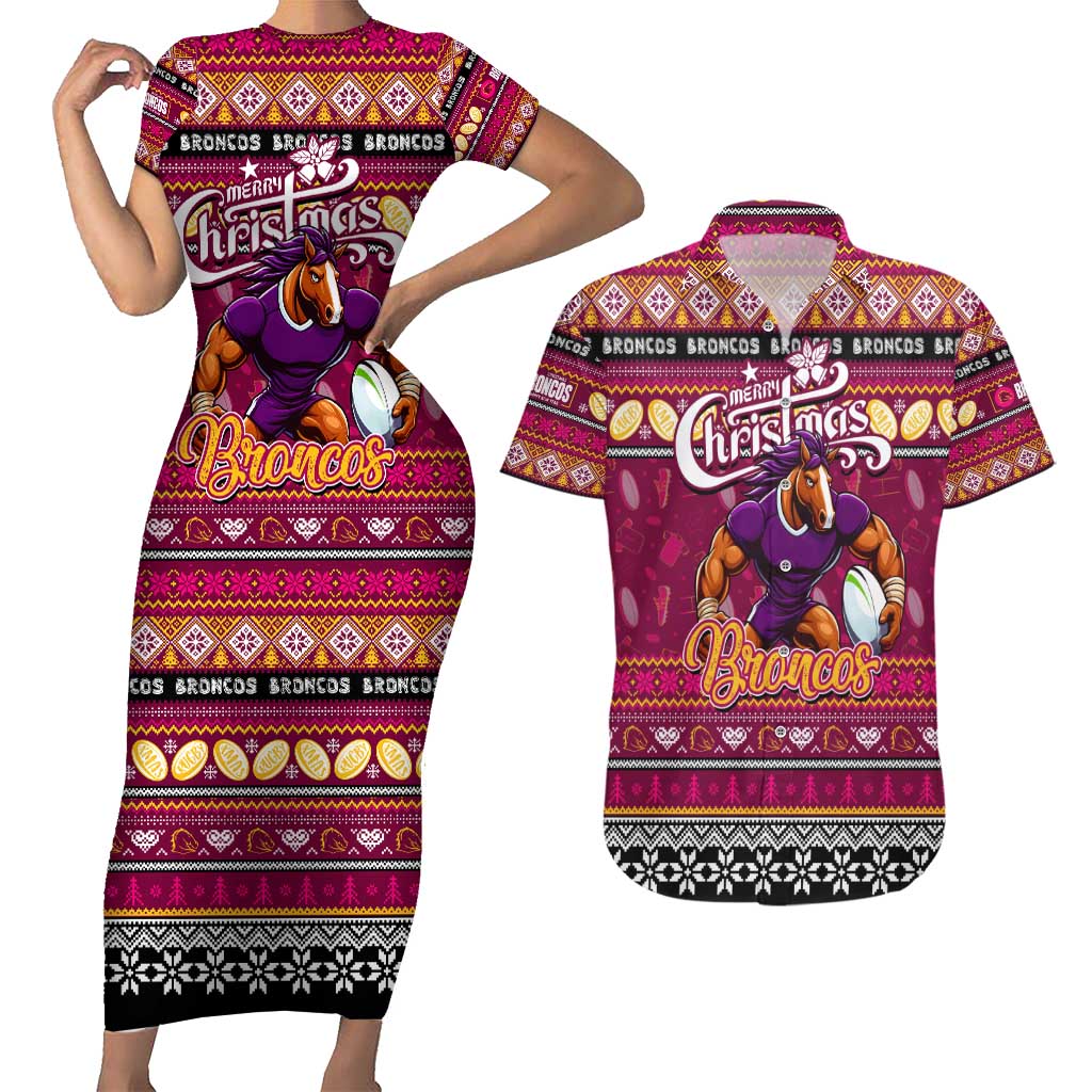 Personalized Broncos Rugby Xmas Couples Matching Short Sleeve Bodycon Dress and Hawaiian Shirt Australia NRL Mascot