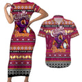 Personalized Broncos Rugby Xmas Couples Matching Short Sleeve Bodycon Dress and Hawaiian Shirt Australia NRL Mascot