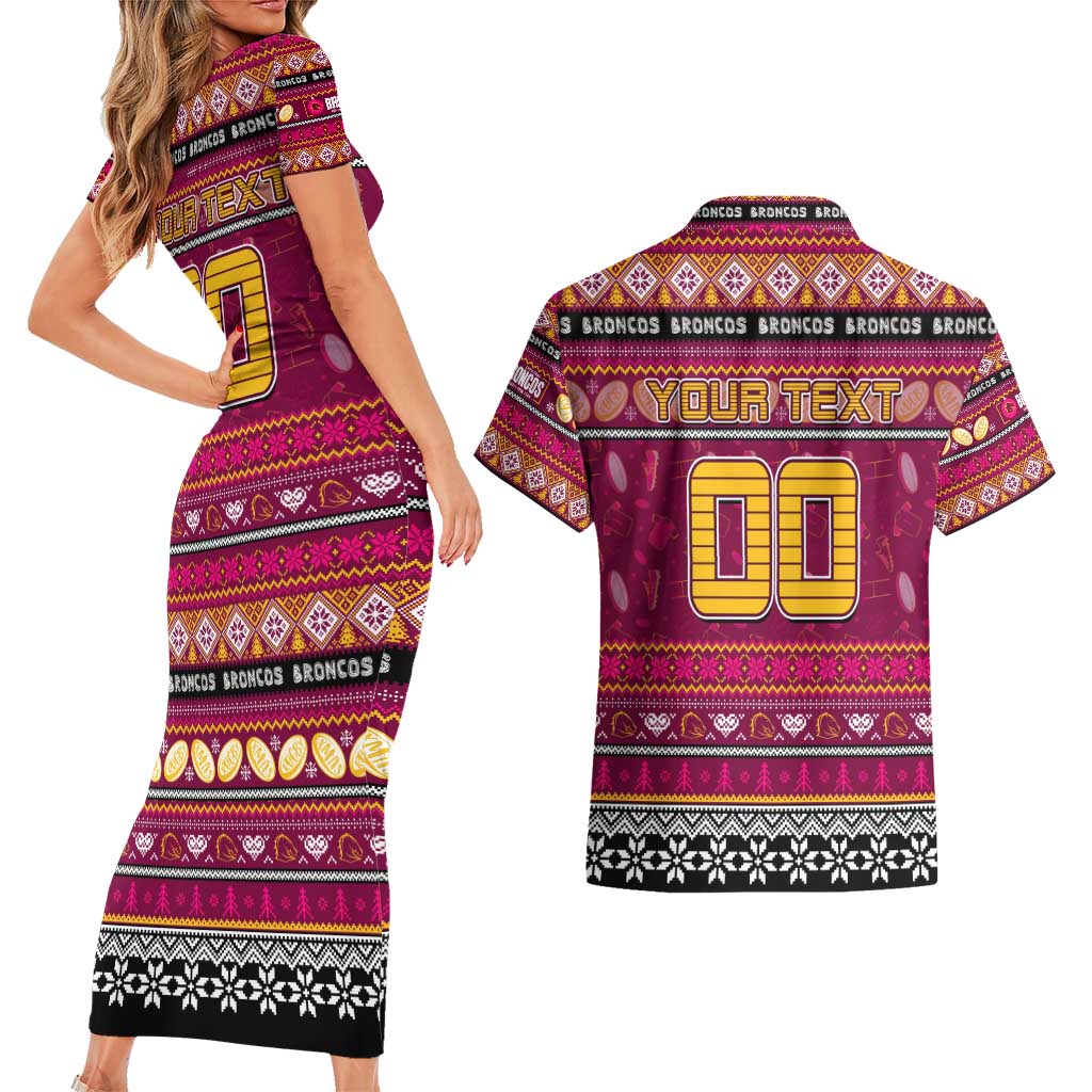 Personalized Broncos Rugby Xmas Couples Matching Short Sleeve Bodycon Dress and Hawaiian Shirt Australia NRL Mascot