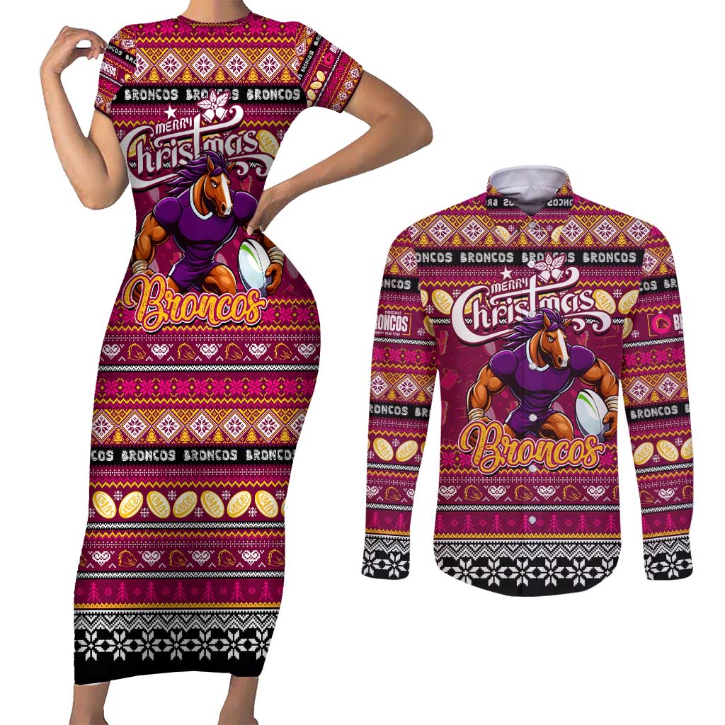 Personalized Broncos Rugby Xmas Couples Matching Short Sleeve Bodycon Dress and Long Sleeve Button Shirt Australia NRL Mascot