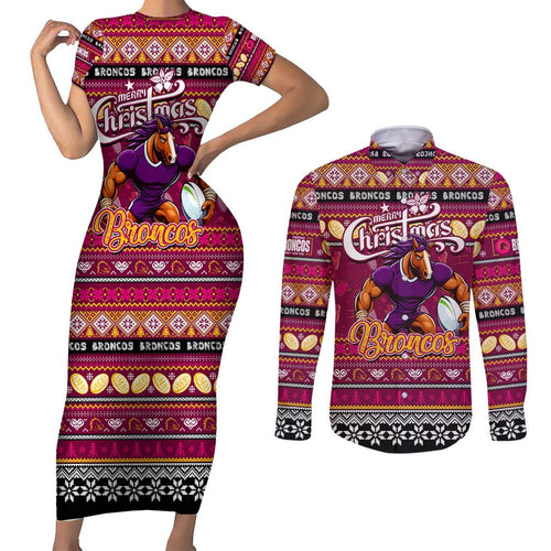 Personalized Broncos Rugby Xmas Couples Matching Short Sleeve Bodycon Dress and Long Sleeve Button Shirt Australia NRL Mascot