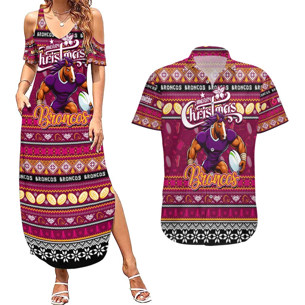 Personalized Broncos Rugby Xmas Couples Matching Summer Maxi Dress and Hawaiian Shirt Australia NRL Mascot