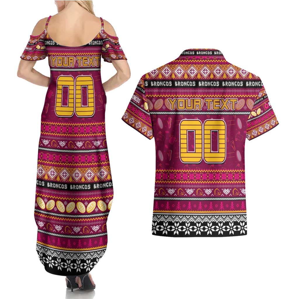 Personalized Broncos Rugby Xmas Couples Matching Summer Maxi Dress and Hawaiian Shirt Australia NRL Mascot